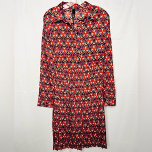 All Saints Red Pattern Long Sleeve Button Down Slit Back Pleated Shirt Dress - S